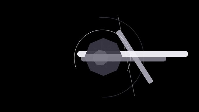 Abstract geometric composition featuring intersecting lines, circles, and an octagonal shape against a stark black backdrop, creating a modern and minimalist design