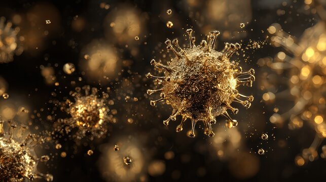 Microscopic Visualization Of Golden Coronavirus Structure With Blurred Background