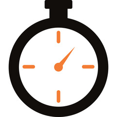Minimalist stopwatch icon with black casing and orange markers on a white face indicating time passing and the concept of speed or punctuality isolated on a transparent background