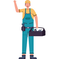 Male Construction Worker Wearing Yellow Hard Hat Blue Overalls and Yellow Shirt Waving Hello Holding Toolbox with Tools Isolated on White Background