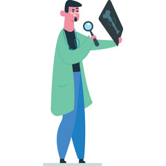 Male Doctor In Mint Green Lab Coat Examining X Ray Image With Magnifying Glass In Studio Setting Isolated On White Background