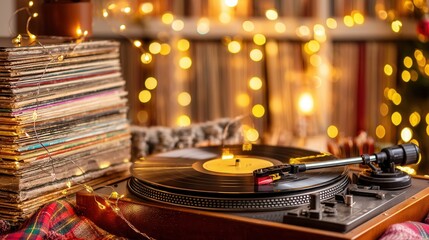 groovy Christmas Vintage record player with vinyl records and warm bokeh lights.