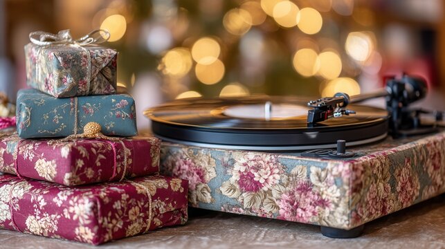 groovy Christmas Vintage record player with wrapped gifts and festive bokeh background.