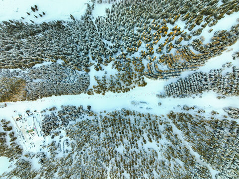 Top-down aerial view of a wide, snowy ski run bordered by forest, with small resort buildings visible on the side of the mountain slope - Powered by Adobe