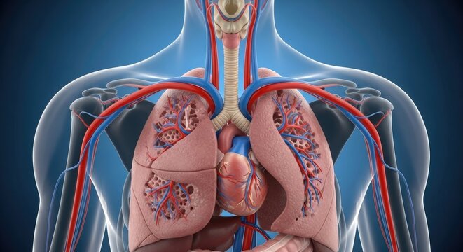 Human Body Anatomy Showing Lungs Heart and Vascular System Detailed Medical Illustration Demonstrating Circulation and Respiratory Organs in Anatomical Context Detailed View - Powered by Adobe