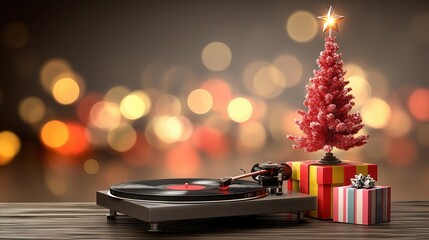 groovy Christmas Decorative Christmas tree with presents beside a turntable.