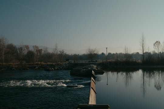 Boise River Whitewater Park winter scene with choppy and calm water