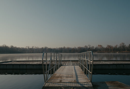Frost covered dock extending into Quinns Pond Boise, Idaho