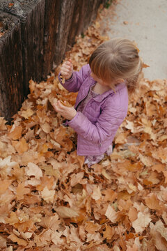 Child girl playing with autumn leaves outdoors