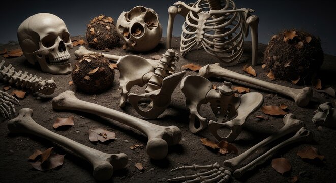 Arrangement of Human Bones Including Skull Rib Cage and Pelvis for Study of Anatomy and Osteology with Focus on Skeletal Structure and Skeletal System 200