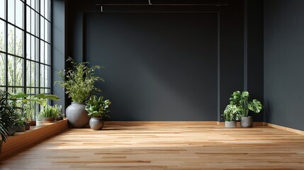 Spacious Industrial Room with Black Wall Brick Floor Large Windows and Potted Green Plants in Decorative Gray Vases with Natural Light and Cozy Ambiance