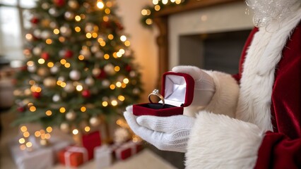 Santa Claus presenting red jewelry ring box with sparkling engagement ring in festive holiday scene - Christmas Engagement or Wedding Concept