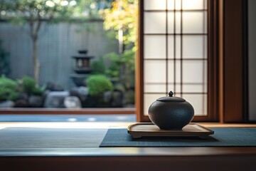 A serene garden with a traditional tea house nestled amidst lush greenery, where a tranquil pond reflects the surrounding nature.