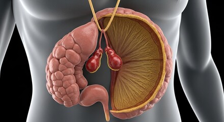 Human digestive system anatomy illustration of large intestine and small intestine cross section showing colon rectum appendix in realistic 3d rendering for educational use exactly 200 characters