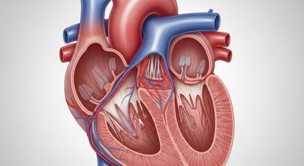 Human Heart Cross Section Anatomy Displaying Chambers Valves and Major Vessels in Medical Illustration Over White Background Exactly Two Hundred Characters