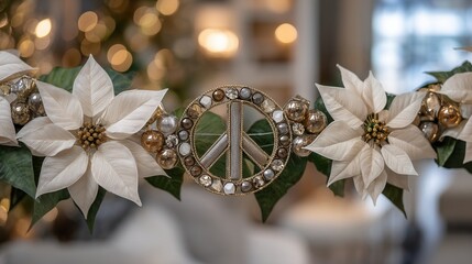 groovy Christmas Decorative peace symbol with poinsettia flowers and blurred background.