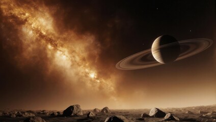 Alien Planet Landscape with Saturn-like Planet and Nebula.