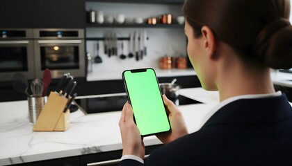 Hand holding smartphone with blank green screen chroma key for smart home control app and real estate mockup featuring business woman in luxury modern kitchen with double oven background