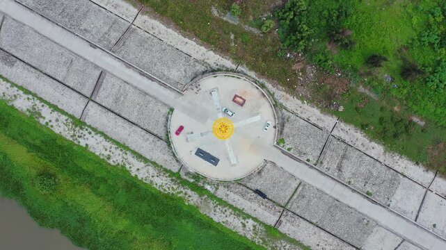 Aerial View of Dragon Double Spitball Plaza with Sun Symbol in Zhanjiang China