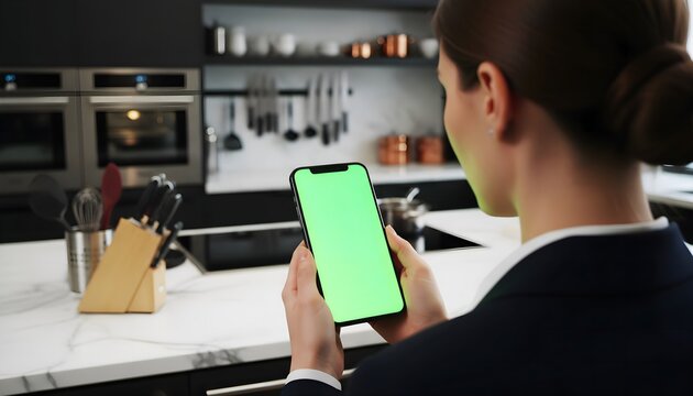 Hand holding smartphone with blank green screen chroma key for smart home control app and real estate mockup featuring business woman in luxury modern kitchen with double oven background