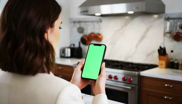 Hand holding smartphone with blank green screen chroma key for culinary recipe app and food blog mockup featuring woman in luxury kitchen with marble backsplash and copper pots