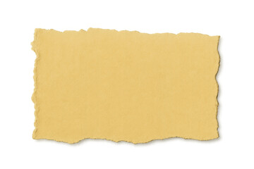 Yellow textured ripped paper fragment with grunged edges, blank scrap note for ancient document, isolated transparent background