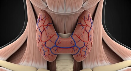 Thyroid Gland Anatomy Showing Blood Vessels in Neck Human Body Organ Depicting Lobe Follicles Cells Hormones and Medical Illustration for Healthcare 3d Render