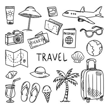 Set of vector drawings for travel. Objects for trip and rest, parties. Suitcase, malma, quatrefoil, airplane, cocktail, camera, sunscreen, glasses