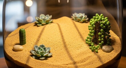 Miniature Desert Terrarium - A Serene Oasis of Succulents and Sand.