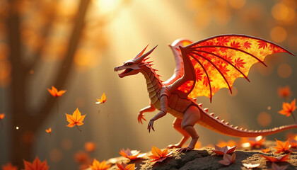 Majestic origami dragon with autumn leaf wings in enchanting forest setting