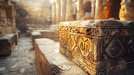 Ancient Stone Chest with Carvings with Antique Ruins, and Sunny Day.