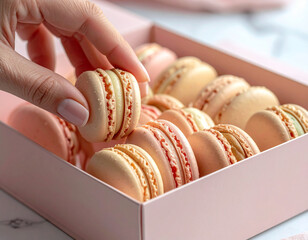 Delicate hand lifting a pastel macaron from an elegant gift box