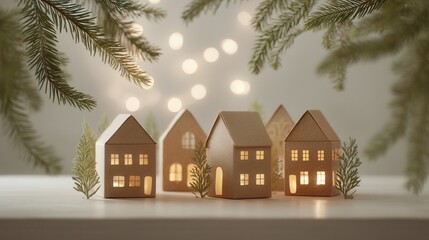 eco friendly Christmas Gingerbread houses with lights and greenery, creating a festive atmosphere.