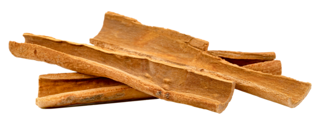 Group of dried cinnamon bark sticks isolated. Aromatic spice with warm brown color and textured surface. Ingredient for cooking and baking, natural health remedy.