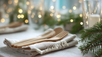 eco friendly Christmas Elegant table setting with wooden utensils and soft lights.