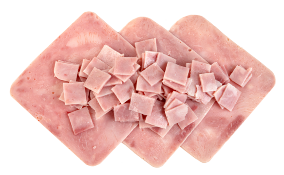 Overhead view of thinly sliced ham laid in overlapping squares with a pile of small diced ham pieces on top. Isolated on white background. Appetizer ingredients or food preparation concept.