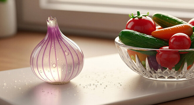 Vibrant fresh vegetables in a crystal bowl and unique decorative onion lamp casting a magical glow on a clean kitchen counter