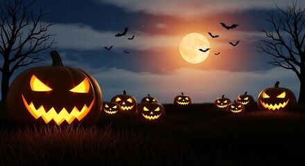 Spooky Halloween Night Scene with Pumpkins and Full Moon Celebration
