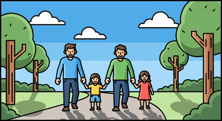 Illustration of two men holding hands with two young girls in a park.