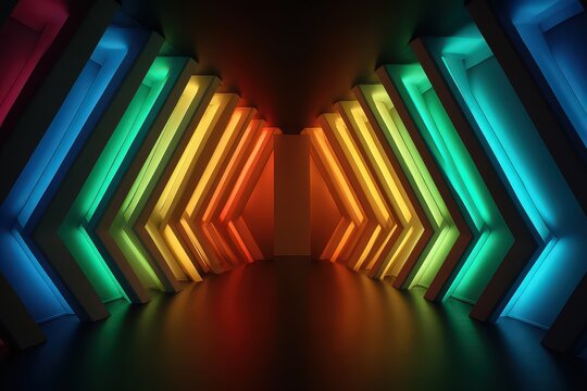 Abstract Geometric Interior With Rainbow Colored Neon Lights and Dark Reflective Floor