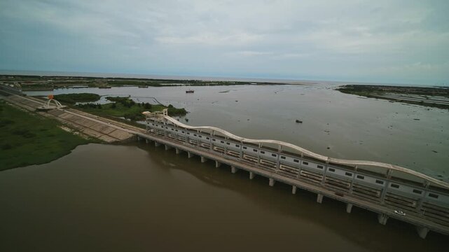 Curved Bridge Over Bay Waters in Zhanjiang China Aerial View
