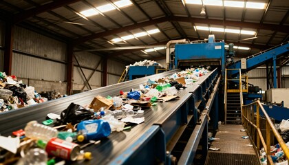 environmental recycling center with garbage sorting conveyor in large warehouse