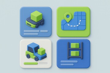 Innovative modular icons depicting logistics and delivery concepts with stylized vehicles and route markers optimized for digital applications and user friendly interfaces