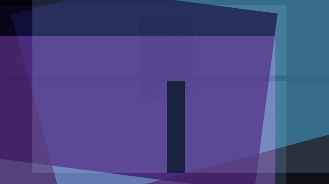 Abstract composition featuring a dark blue vertical rectangle against a backdrop of overlapping purple and blue geometric shapes and planes