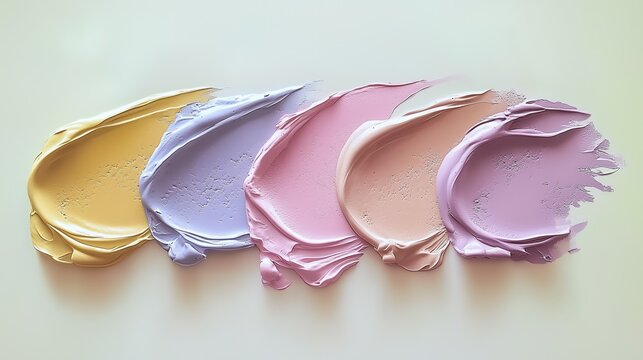 Abstract arrangement of pastel liquid makeup swatches on soft cream background, close-up detail showcasing texture and color palette of foundation, blush, and highlighter blends for beauty concepts