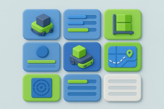 Multicolor user interface icons in 3D style showcasing automation elements smart technology logistics and spatial recognition enhancing operational efficiency