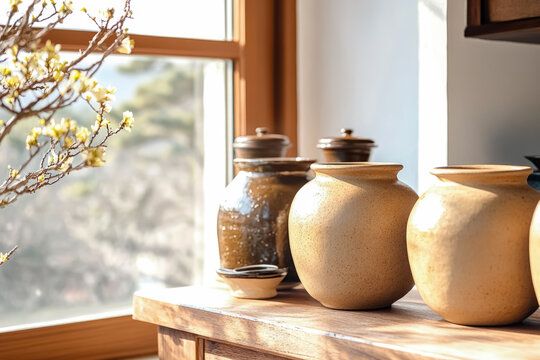 Traditional Korean Clay Fermentation Jars on Aged Wood Table - Powered by Adobe