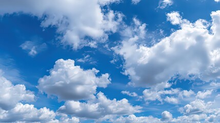Naklejka premium Bright Blue Sky with White Cumulus Clouds Background on Sunny Day Weather Pattern High Altitude Landscape View Natural Environment and Atmospheric Beauty