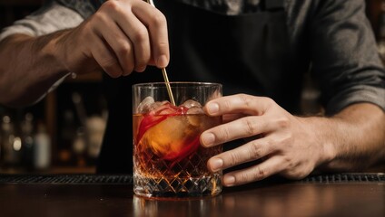 Bartender stirring a classic Negroni cocktail with an orange slice and ice in a dimly lit bar setting.