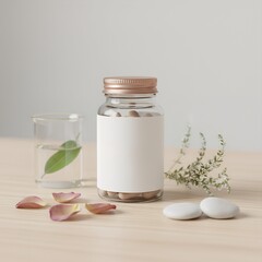 Botanical supplement bottle mockup with soft-focus greenery behind, glass water cup, natural petals, and soft shadows. Gentle warm light, holistic wellness aesthetic, modern apothecary vibe,